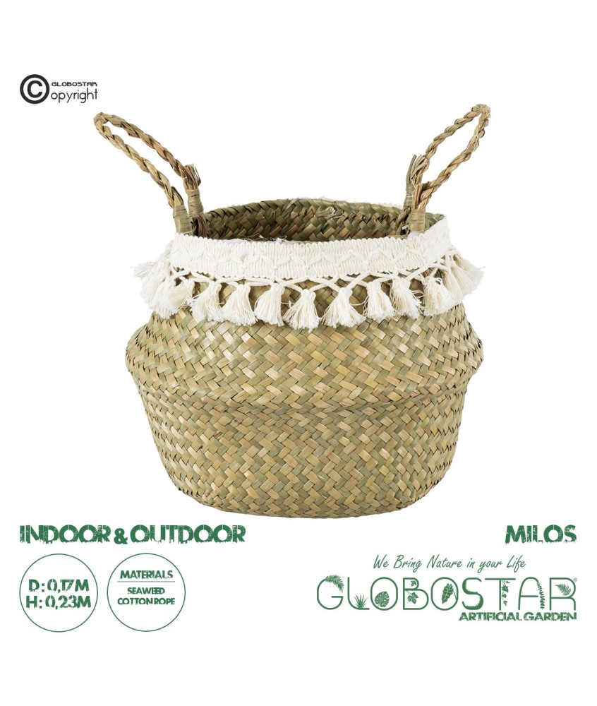 GloboStar® Artificial Garden MILOS 20306 Διακοσμητικό Ψάθινο Καλάθι - Κασπώ Γλάστρα - Flower Pot Μπεζ με Μακραμέ Φ17cm x Υ23cm